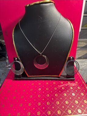 Classic Silver-Tone Circular Pendant Necklace & Hoop Earring Set